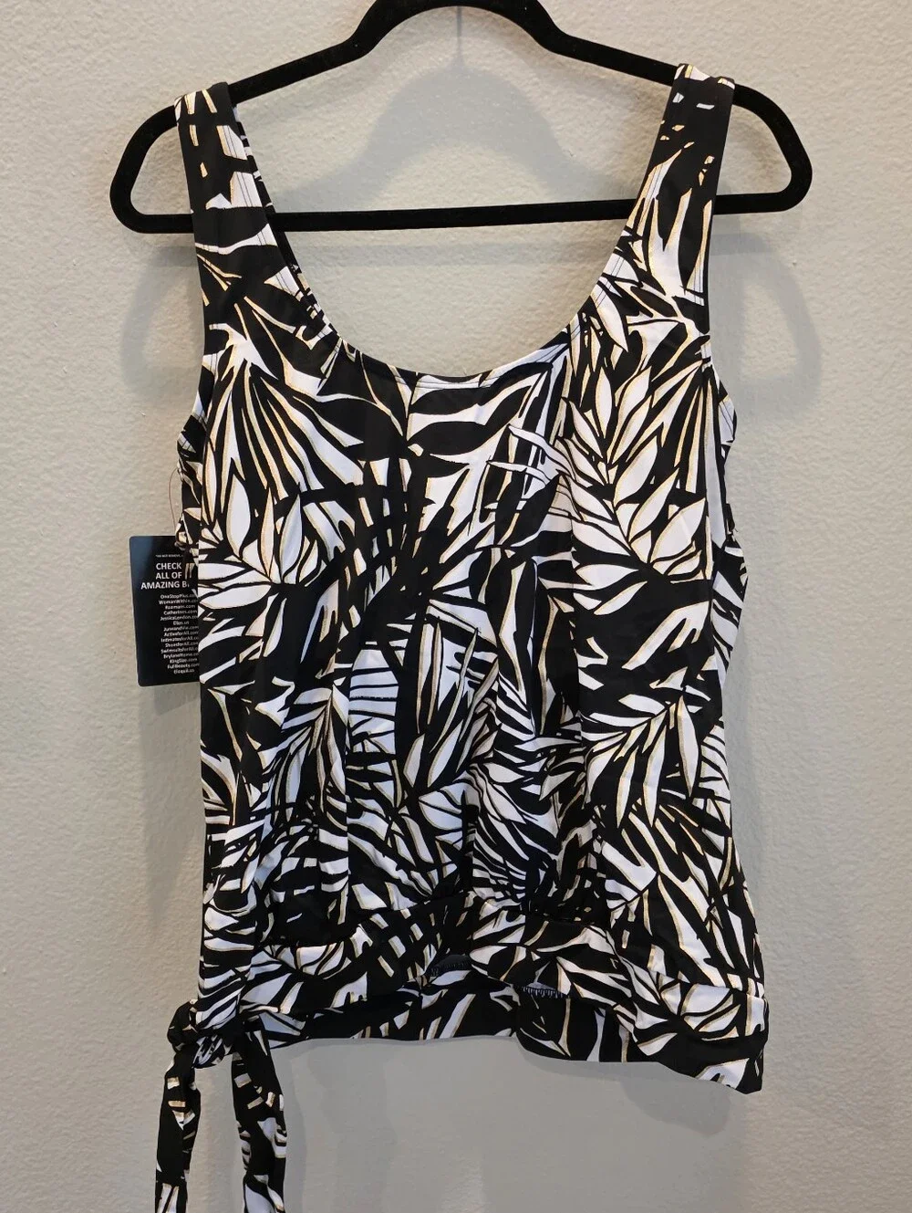 Swimsuits For All Women's Side Tie Blouson Tankini Top Black White Palm 16 NWT
